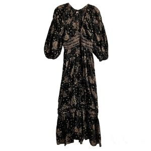 Free People The Golden Hour Maxi Dress Small Smocked Waist Floral Black Boho